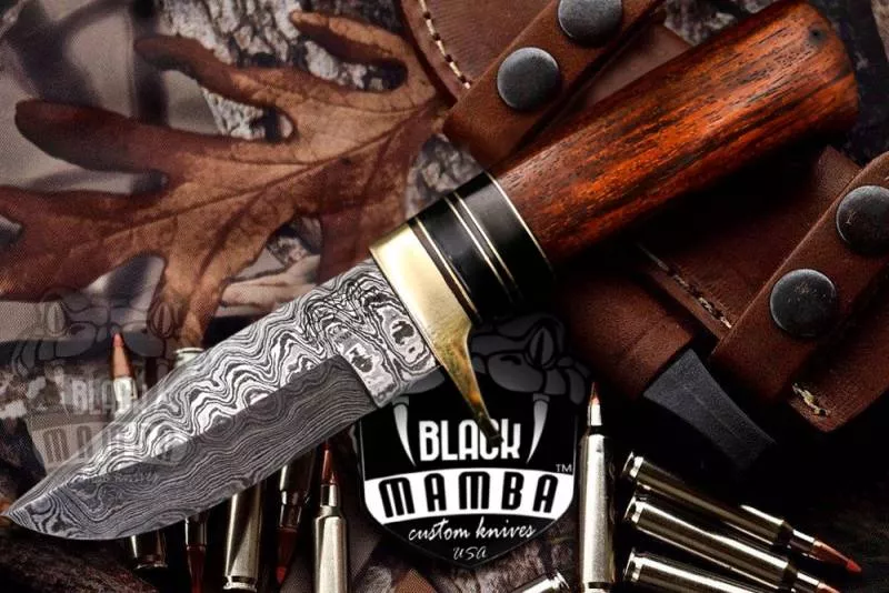 BMK-100 Hyena Knife 8.5″ Long 4″Blade ” 6.7oz Fixed Blade Hunting Damascus Steel Knife Black mamba Hand Made WorId Class knives USA Made