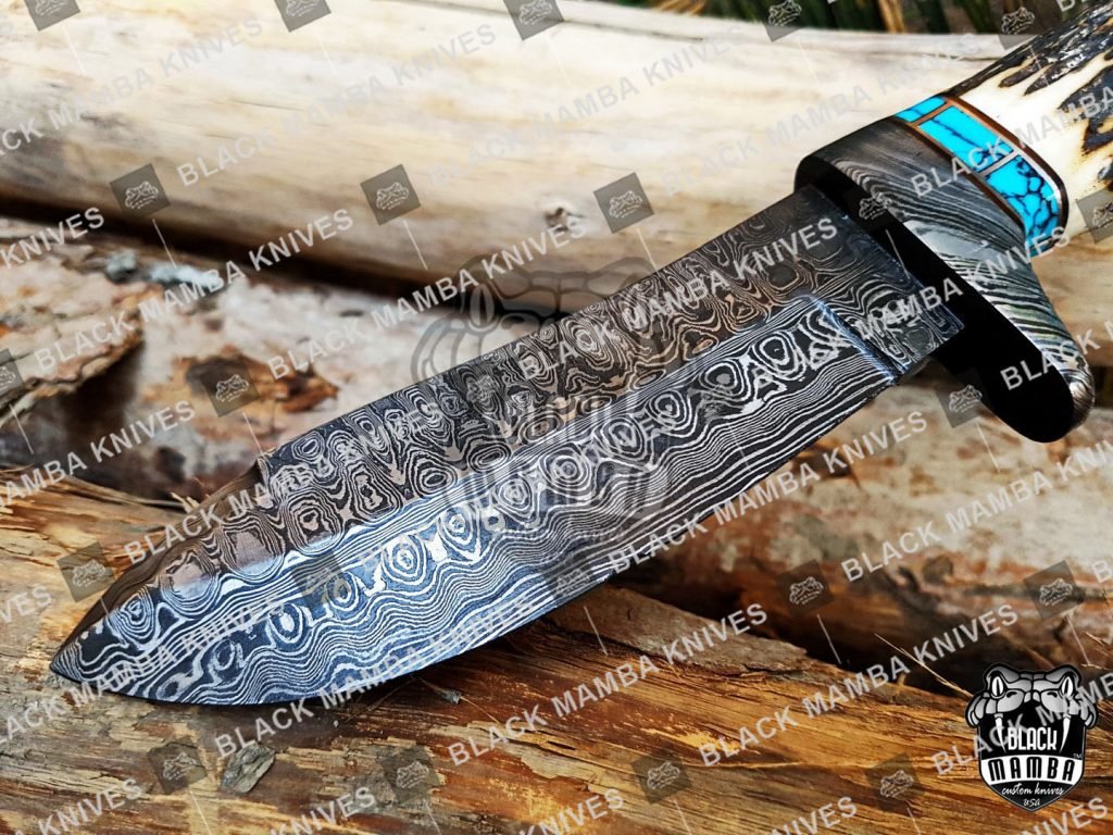 BMK-111 PERSIAN YUMA Knife 9" Long 4.5"Blade" 10.5oz Hunting Fixed Blade knife Damascus Steel Real turquoise Stag Handle Knife Black mamba Hand Made World Class knives USA Made - Image 4