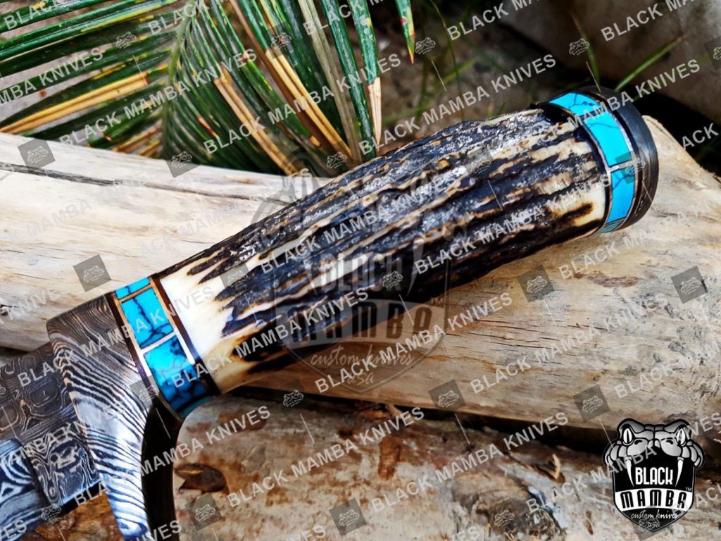 BMK-111 PERSIAN YUMA Knife 9" Long 4.5"Blade" 10.5oz Hunting Fixed Blade knife Damascus Steel Real turquoise Stag Handle Knife Black mamba Hand Made World Class knives USA Made - Image 5