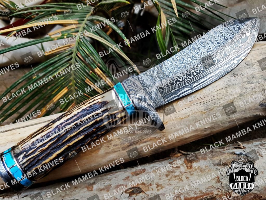 BMK-111 PERSIAN YUMA Knife 9" Long 4.5"Blade" 10.5oz Hunting Fixed Blade knife Damascus Steel Real turquoise Stag Handle Knife Black mamba Hand Made World Class knives USA Made - Image 6