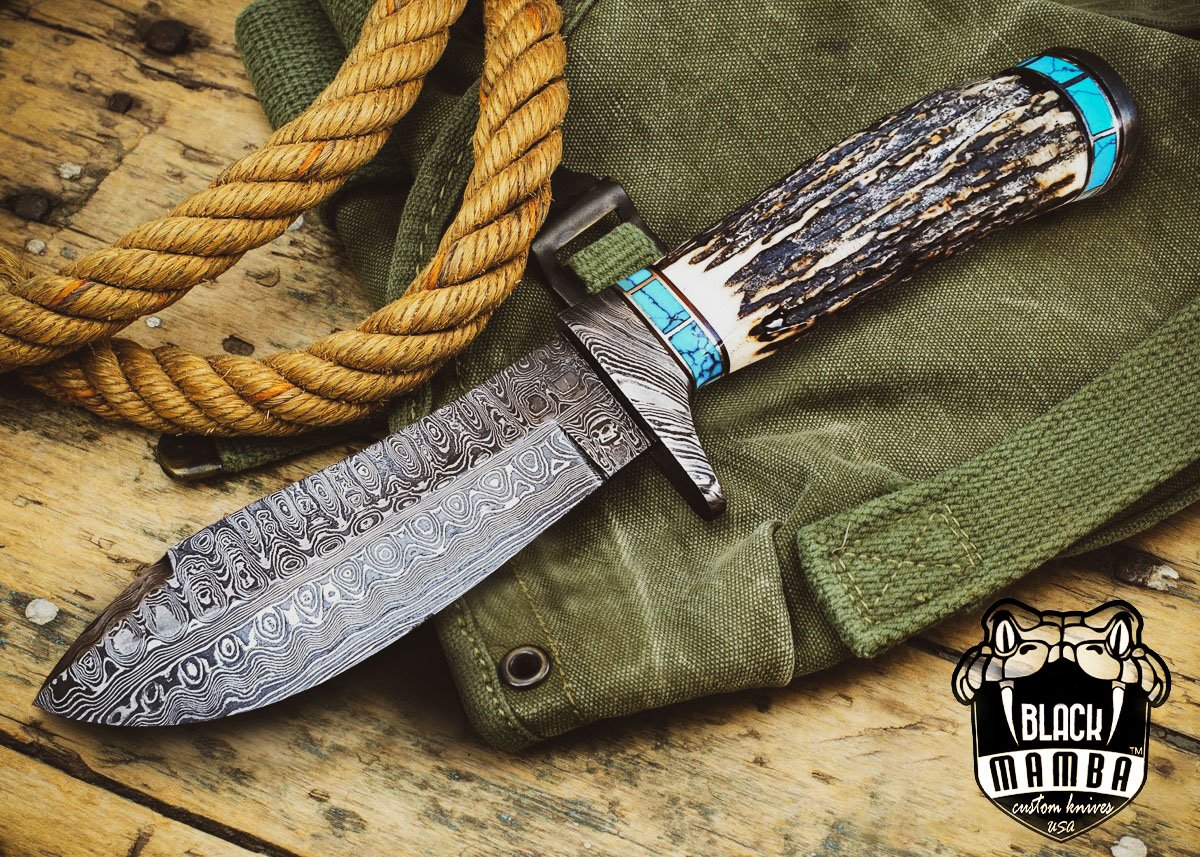 BMK111 PERSIAN YUMA Deer Antler Damascus knife Turquoise Handle