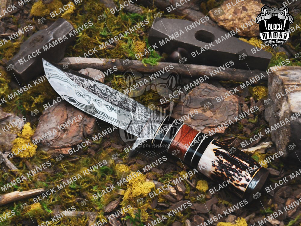 Customs Hand Made Damascus Steel Hunting Folding Knife Brass Bolster W