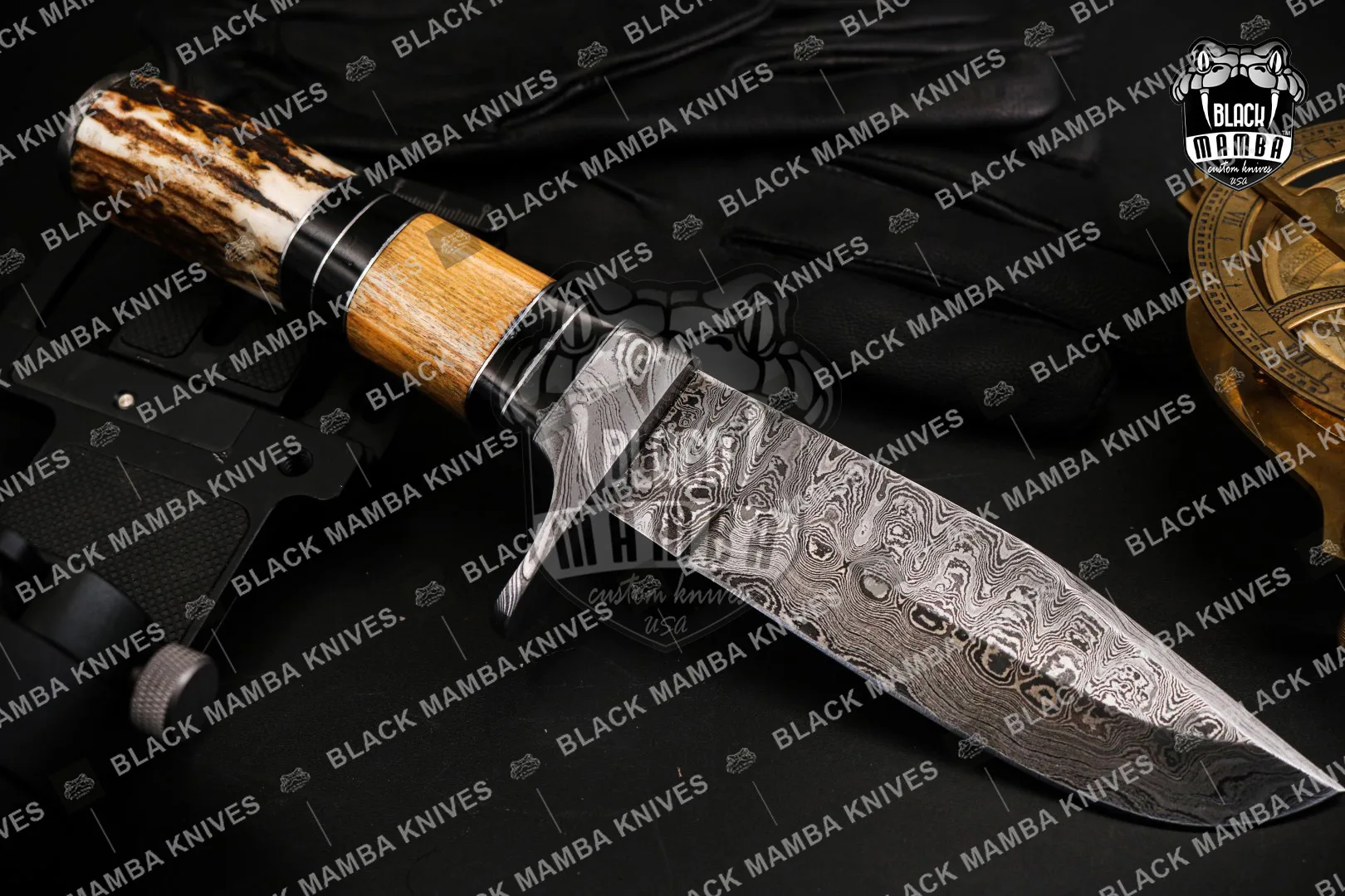 Leopard - Damascus Hunting Knife, 9.8″ Overall, Buffalo Horn Handle - view 13