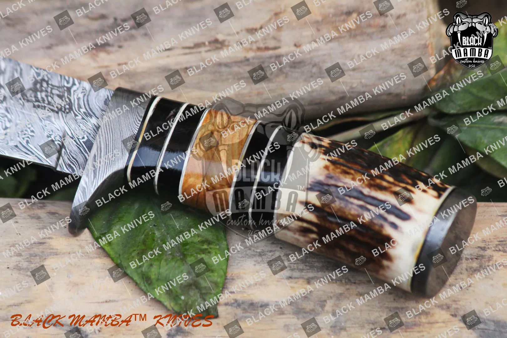 Leopard - Damascus Hunting Knife, 9.8″ Overall, Buffalo Horn Handle - view 4