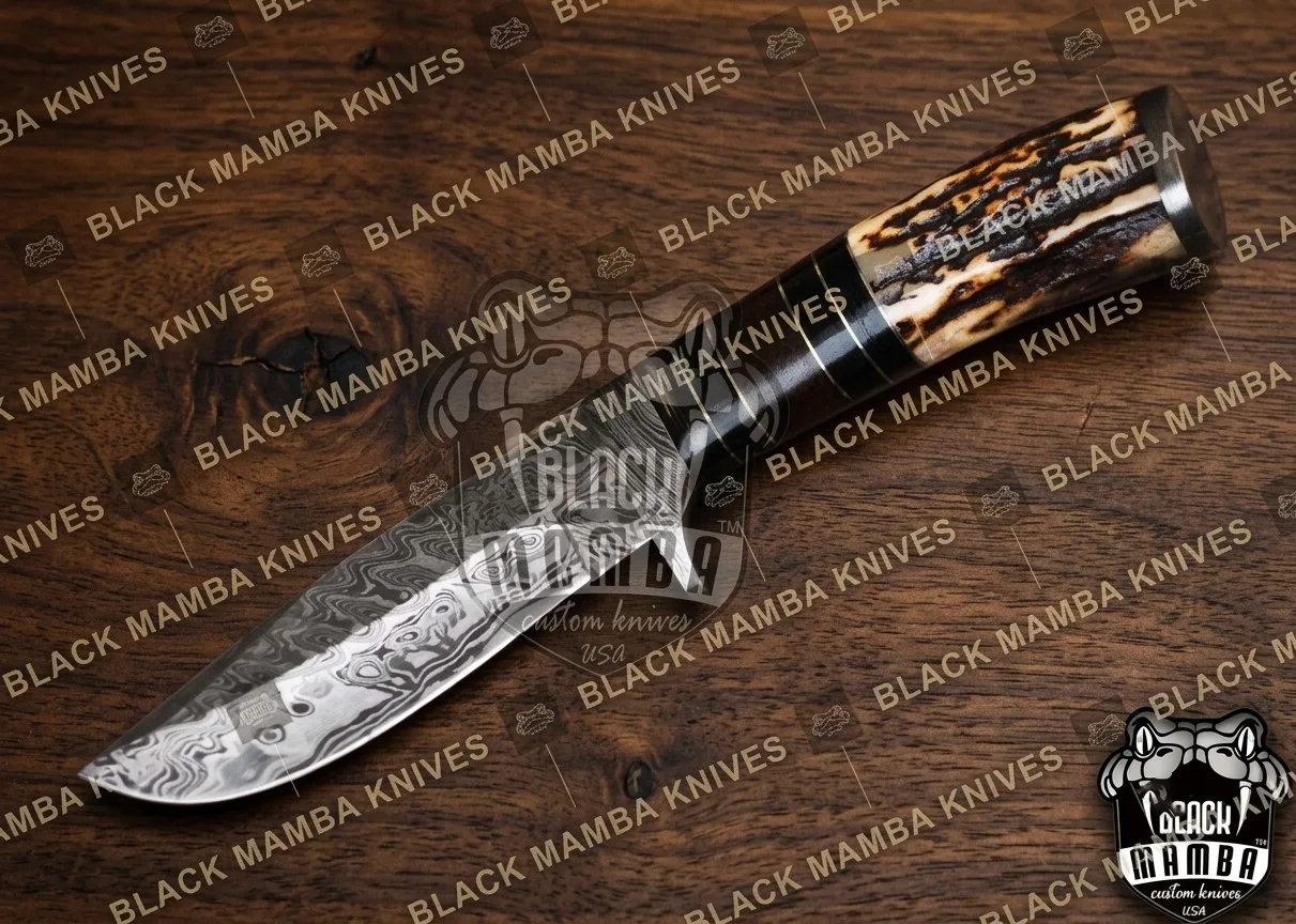 Scorpion - Damascus Hunting Knife, 10″ Overall, Stag Handle - view 3