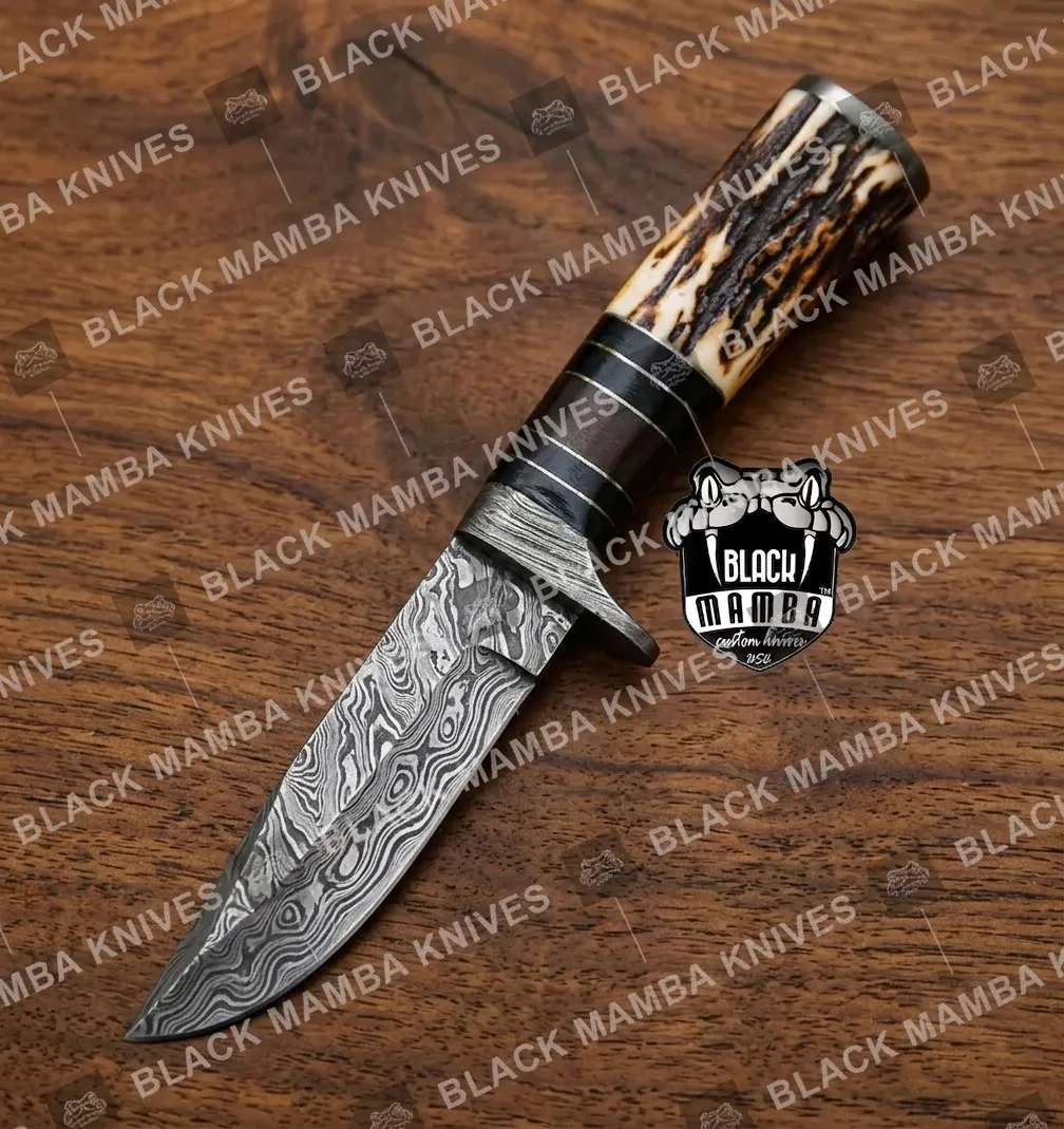 Scorpion - Damascus Hunting Knife, 10″ Overall, Stag Handle