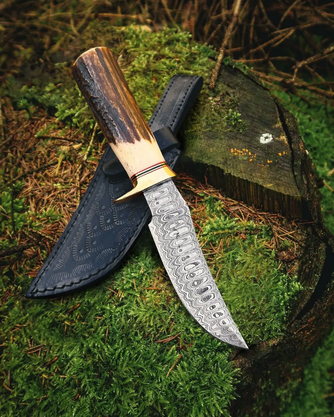 Rattle Snake - Damascus Hunting Knife, 10″ Overall, Stag Handle - view 3
