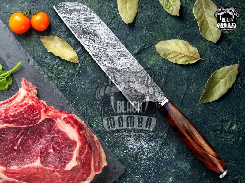 BMK-113-W Brown Trout Chef Knife 13.5″ Long 8.2 “Blade ” 9.1 oz Razor Sharp Hand Made Damascus Steel Chef Knives Black Mamba Hand Made World Class Knives Made in USA