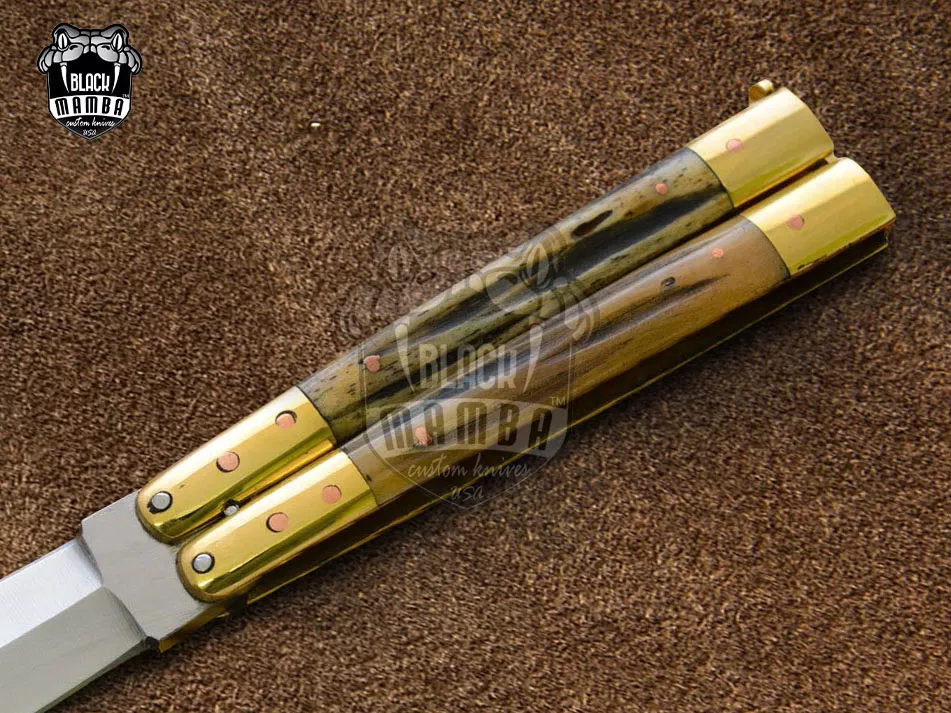 D2 Tool Steel Filipino Balisongs Butterfly Stainless Steel Brass with Bone Inserts Black Mamba Knives World Class Knives | BMK-483 - view 3