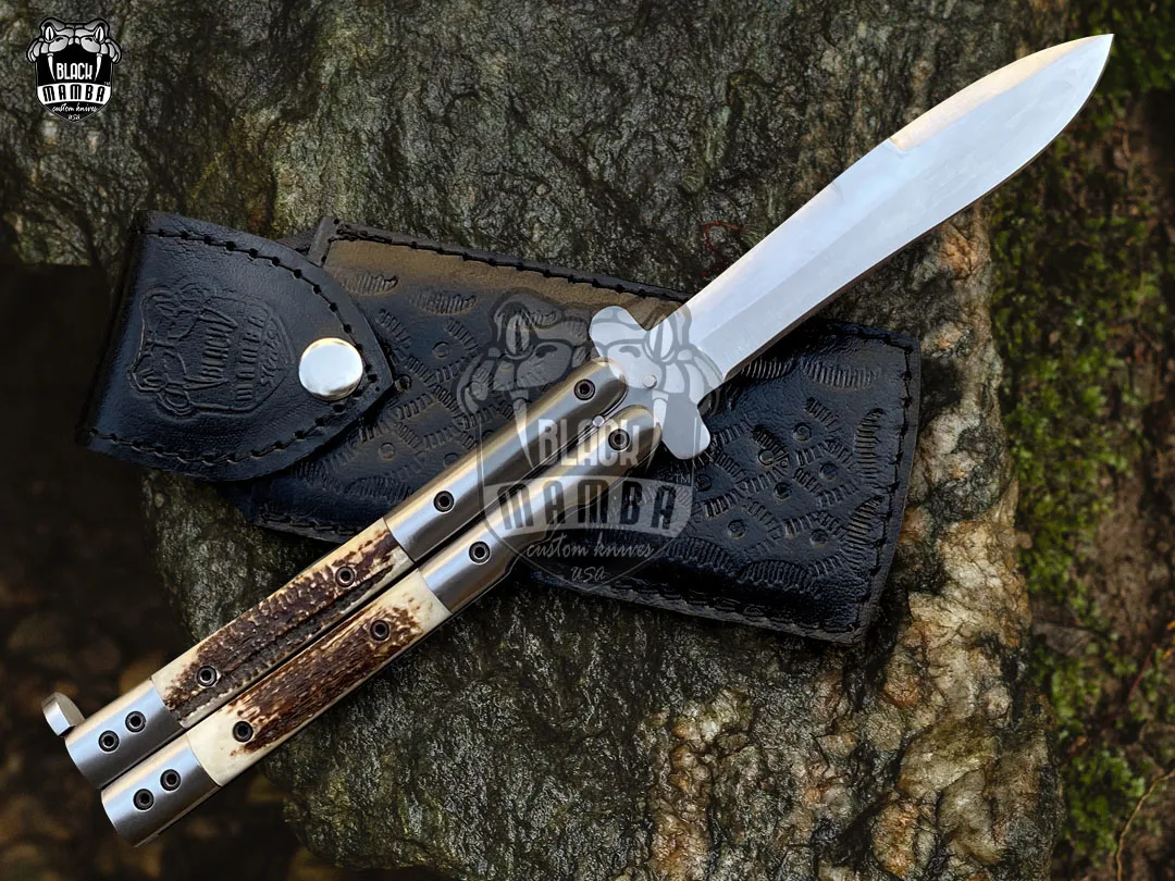 High Carbon Steel Filipino Balisongs Butterfly Brass with Stainless Steel with Philippine Deer Horn Inserts Inserts Black Mamba Knives World Class Knives | BMK-630 - view 6
