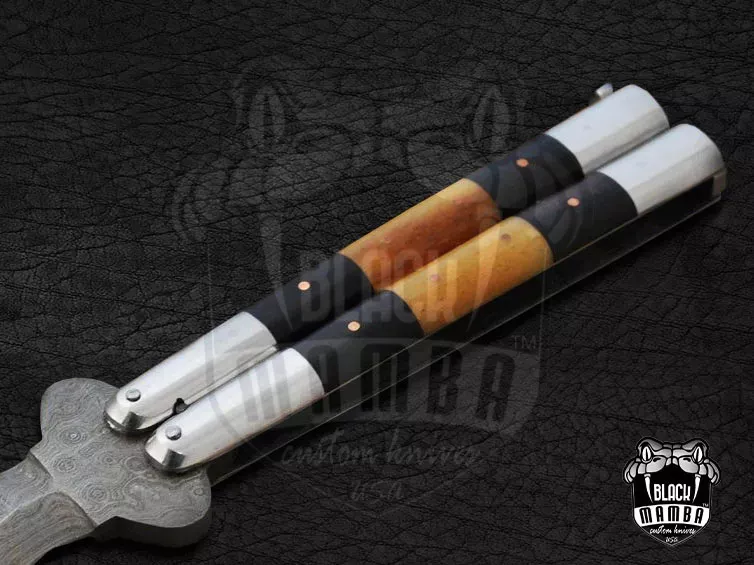 BMK-567 High Carbon Steel Filipino Balisongs butterfly Brass with Stainless Steel with Bone and rose Wood Inserts black Mamba knives world class Knives - Image 3