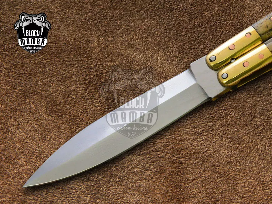D2 Tool Steel Filipino Balisongs Butterfly Stainless Steel Brass with Bone Inserts Black Mamba Knives World Class Knives | BMK-483 - view 4