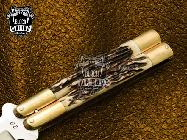 D2 Steel Balisong Butterfly Knife – Philippine Deer Horn, Brass Handle | BMK-458 - view 4