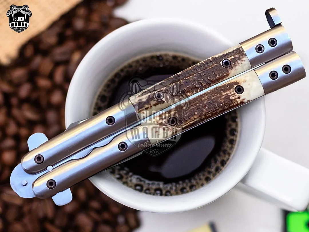 High Carbon Steel Filipino Balisongs Butterfly Brass with Stainless Steel with Philippine Deer Horn Inserts Inserts Black Mamba Knives World Class Knives | BMK-630 - view 4