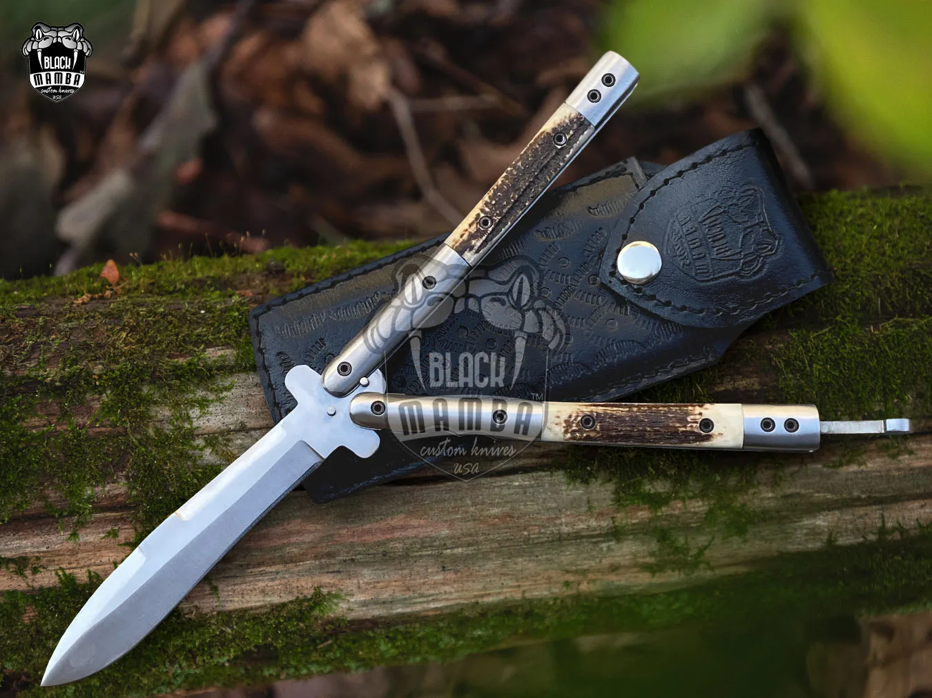 High Carbon Steel Filipino Balisongs Butterfly Brass with Stainless Steel with Philippine Deer Horn Inserts Inserts Black Mamba Knives World Class Knives | BMK-630 - view 3