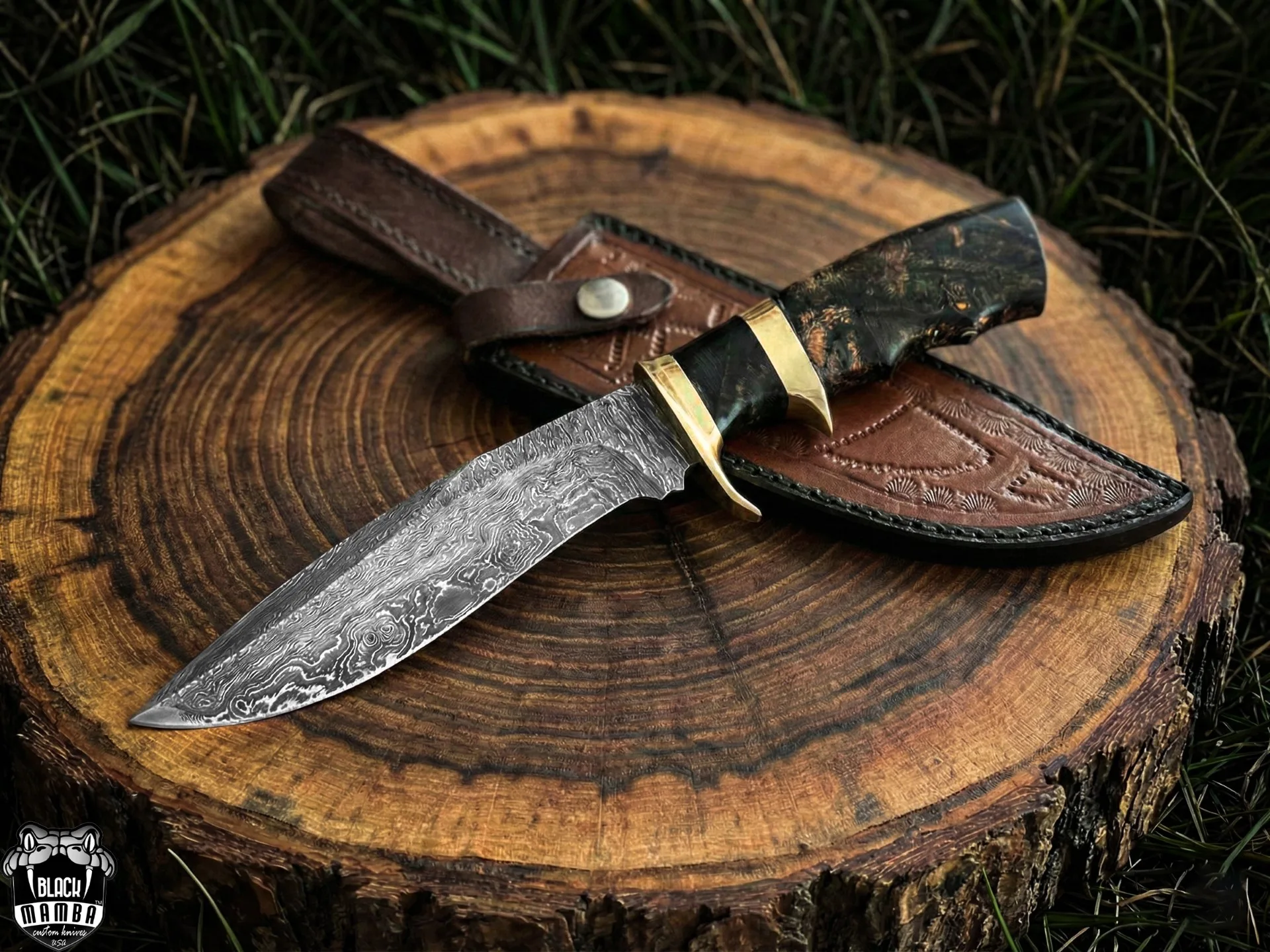 Copperhead Snake - Damascus Bowie Knife, 13″ Overall