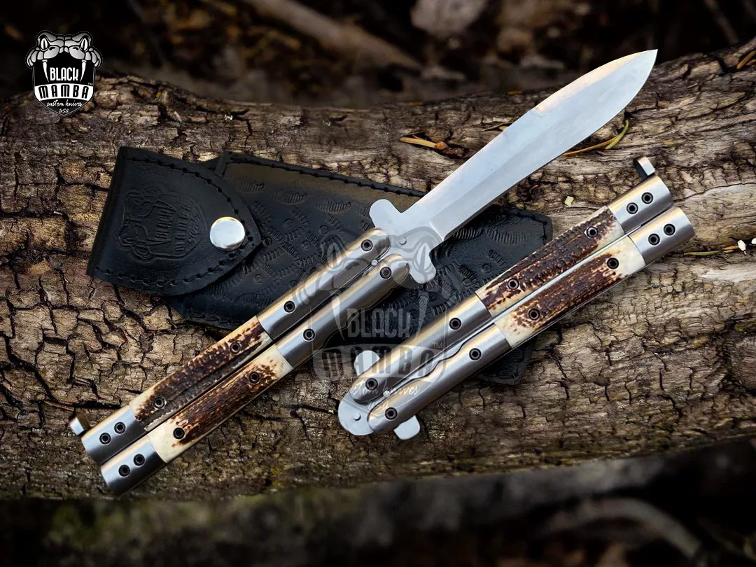 High Carbon Steel Filipino Balisongs Butterfly Brass with Stainless Steel with Philippine Deer Horn Inserts Inserts Black Mamba Knives World Class Knives | BMK-630
