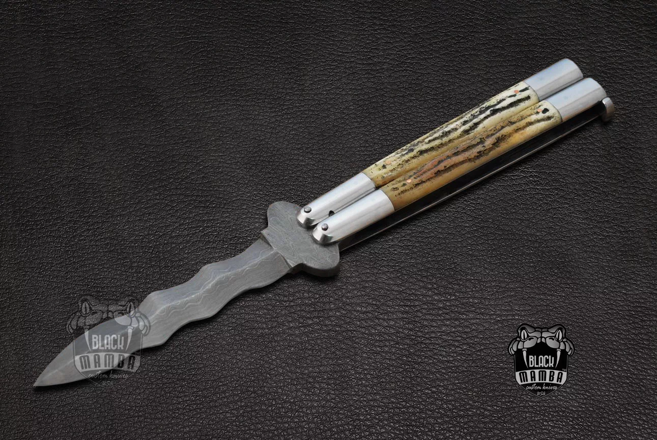 High Carbon Steel Filipino Balisongs Butterfly Brass with Stainless Steel with Jigged Bone with Rose Wood Black Mamba Knives World Class Knives | BMK-589