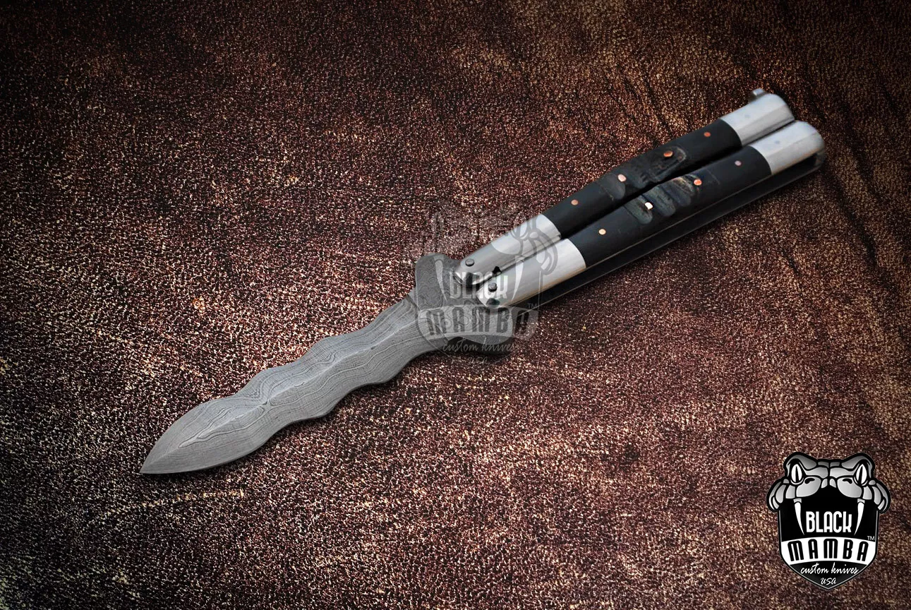 High Carbon Steel Filipino Balisongs Butterfly Brass with Stainless Steel with Water Buffalo Horn Black Mamba Knives World Class Knives | BMK-580