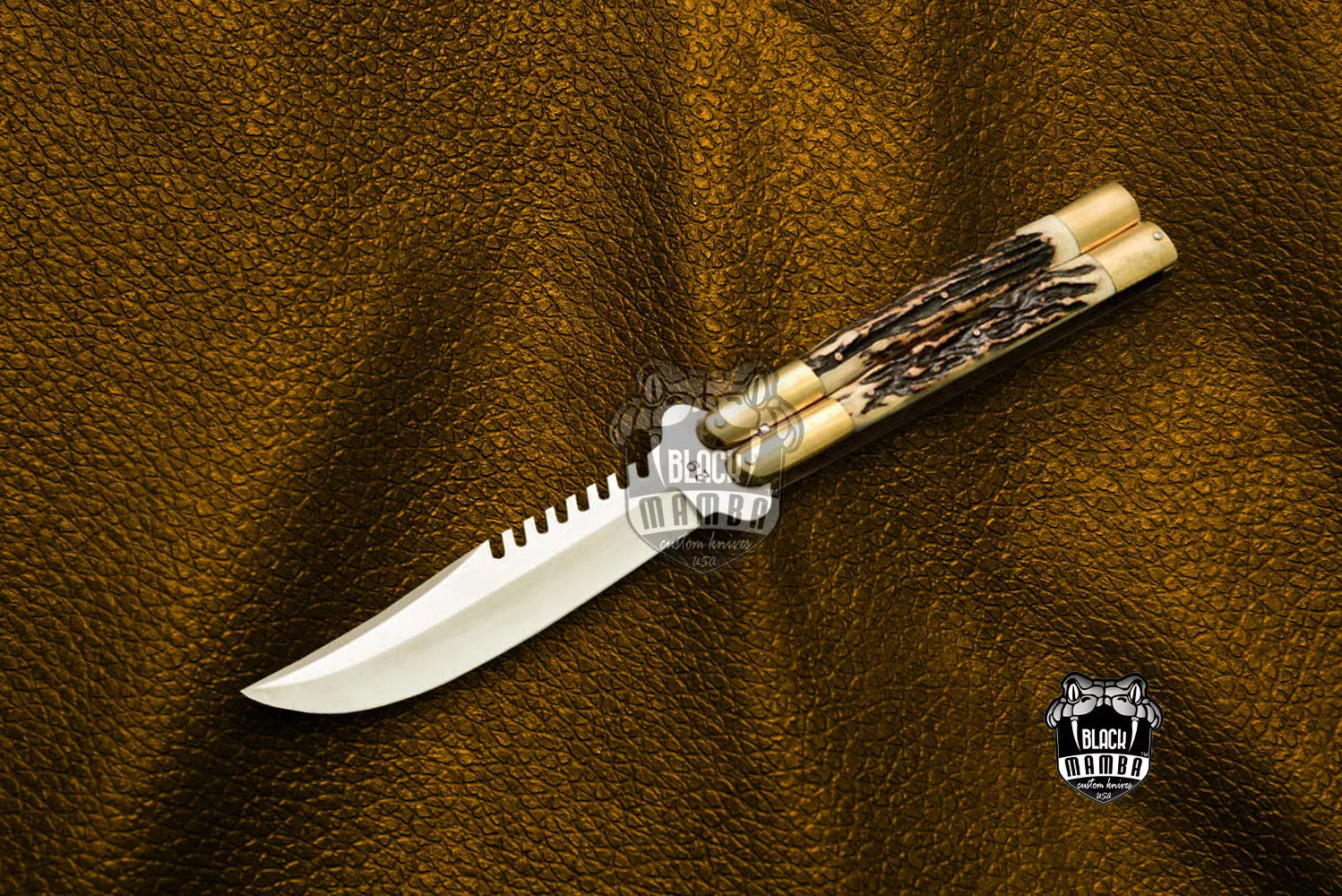 D2 Steel Balisong Butterfly Knife – Philippine Deer Horn, Brass Handle | BMK-458