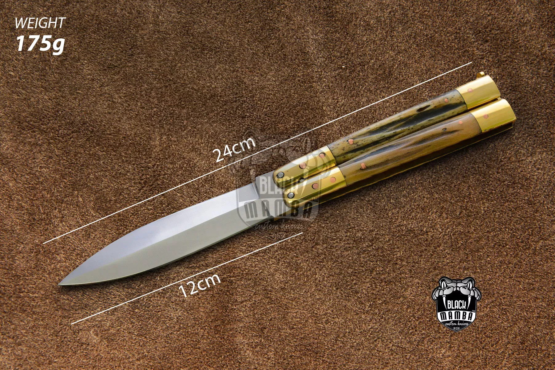 D2 Tool Steel Filipino Balisongs Butterfly Stainless Steel Brass with Bone Inserts Black Mamba Knives World Class Knives | BMK-483 - view 5