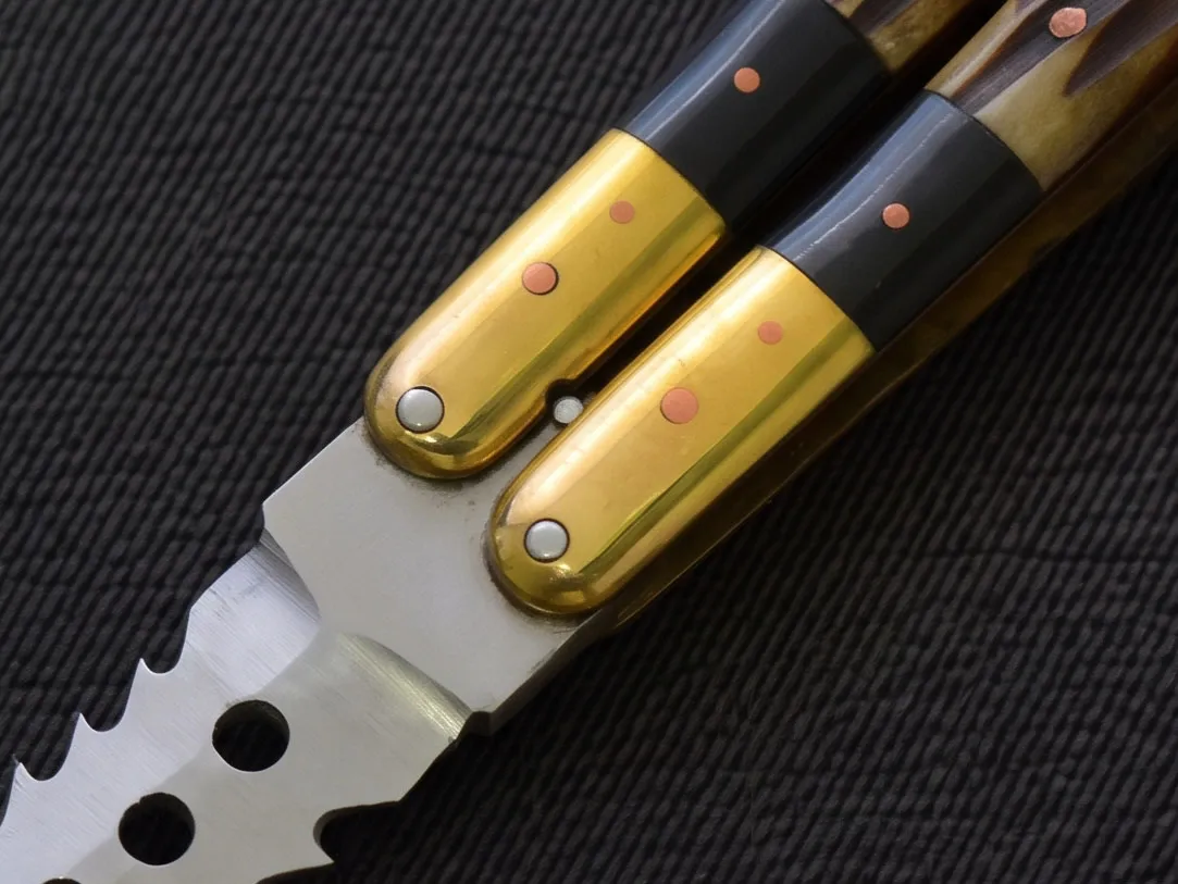 D2 Tool Steel Filipino Balisongs Butterfly Stainless Steel Brass with Bone with Rose Wood Inserts Black Mamba Knives World Class Knives | BMK-482 - Image 2