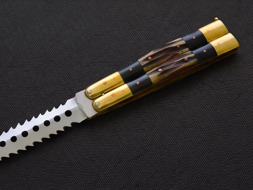 D2 Tool Steel Filipino Balisongs Butterfly Stainless Steel Brass with Bone with Rose Wood Inserts Black Mamba Knives World Class Knives | BMK-482 - Image 4