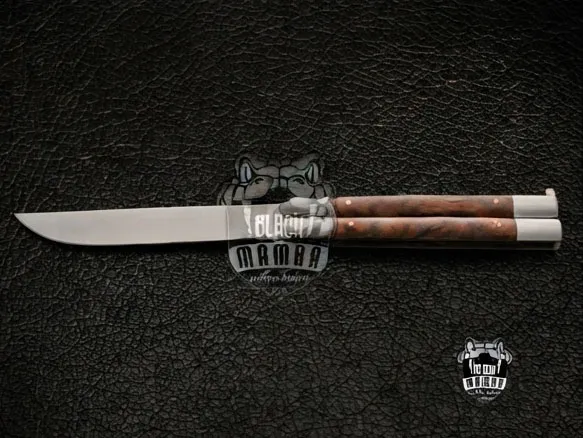 High Carbon Steel Filipino Balisongs Butterfly Stainless with Walnut Wood and Burl Wood Inserts with Mamba Knives World Class Knives | BMK-434 - Image 4