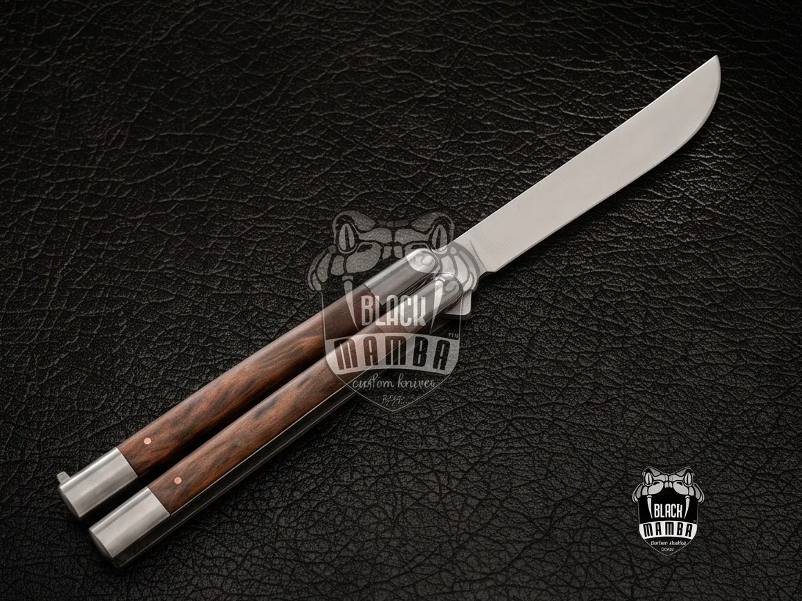 High Carbon Steel Filipino Balisongs Butterfly Stainless with Walnut Wood and Burl Wood Inserts with Mamba Knives World Class Knives | BMK-434 - Image 5