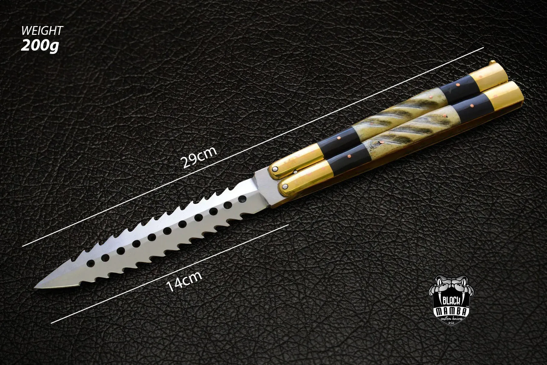 D2 Tool Steel Filipino Balisongs Butterfly Stainless Steel Brass with Bone with Rose Wood Inserts Black Mamba Knives World Class Knives | BMK-479 - view 4