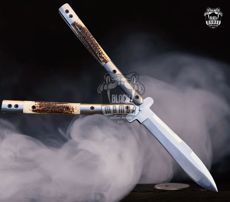 High Carbon Steel Filipino Balisongs Butterfly Brass with Stainless Steel with Philippine Deer Horn Inserts Inserts Black Mamba Knives World Class Knives | BMK-630 - view 7