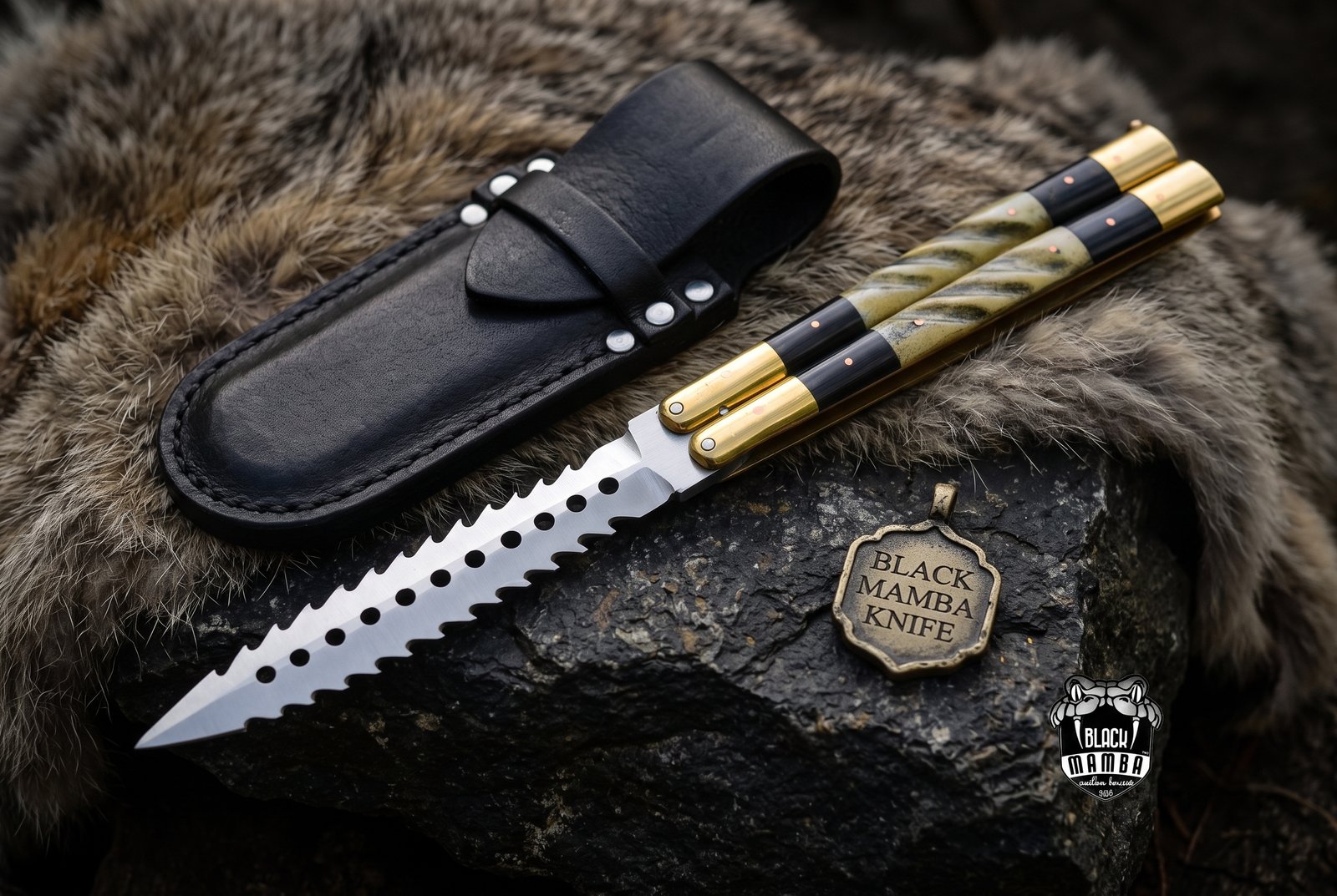 D2 Tool Steel Filipino Balisongs Butterfly Stainless Steel Brass with Bone with Rose Wood Inserts Black Mamba Knives World Class Knives | BMK-479