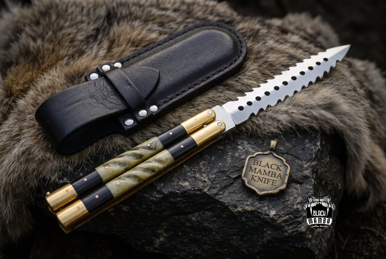 D2 Tool Steel Filipino Balisongs Butterfly Stainless Steel Brass with Bone with Rose Wood Inserts Black Mamba Knives World Class Knives | BMK-479 - Image 3