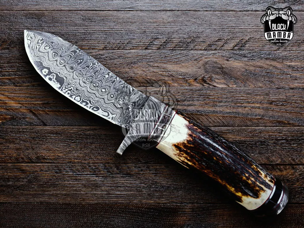 Persian Yuma Black - Damascus Hunting Knife, 9″ Overall, Stag Handle