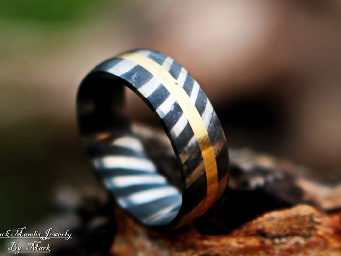 BMJ-04 Sirius Damascus Men Ring 12 US Size Handmade Stainless Steel Damascus,Brass Inlaid Ring