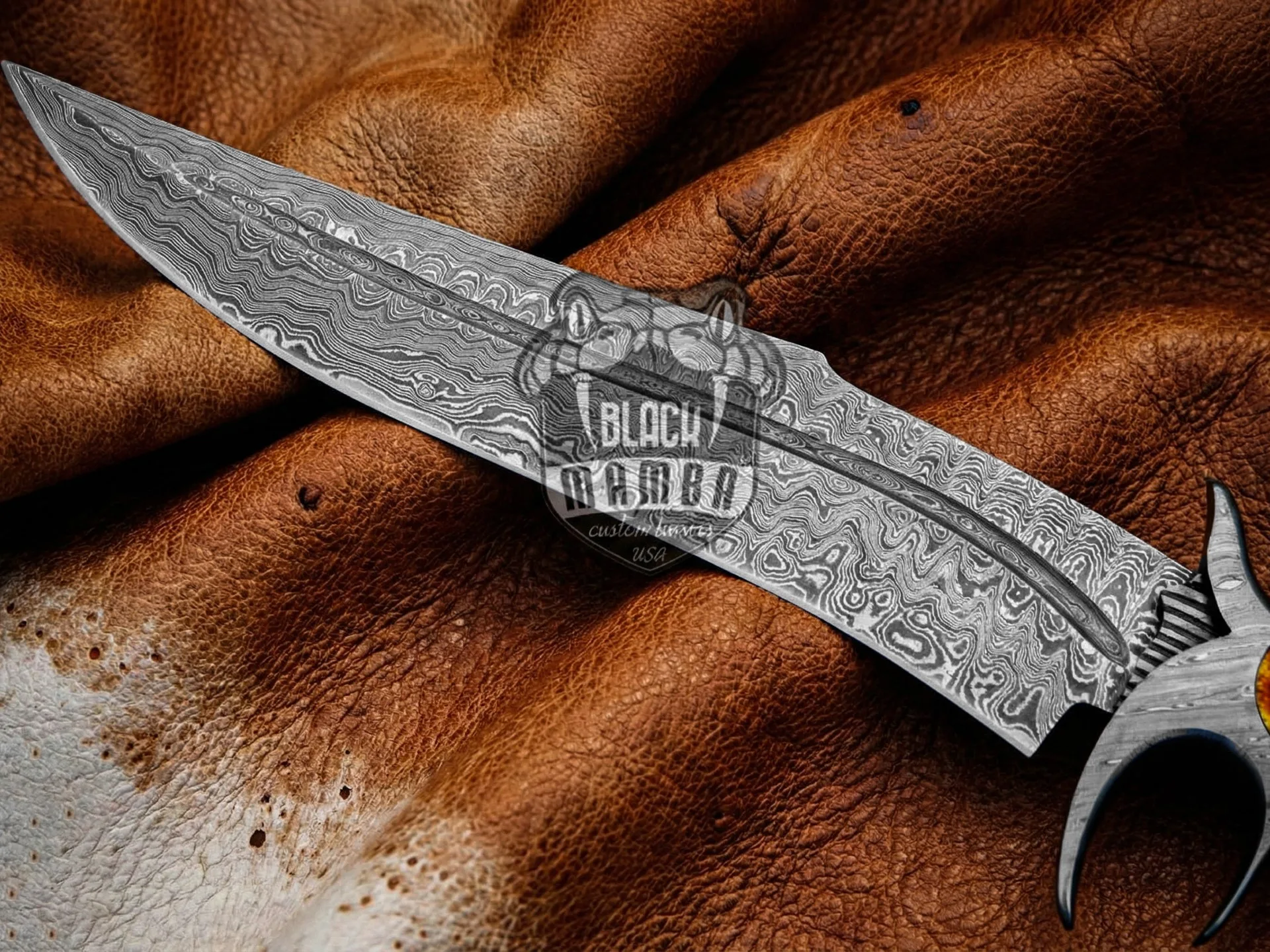 Red Dragon – Damascus Bowie Knife, 17.5″ Overall, Stag Handle - view 5