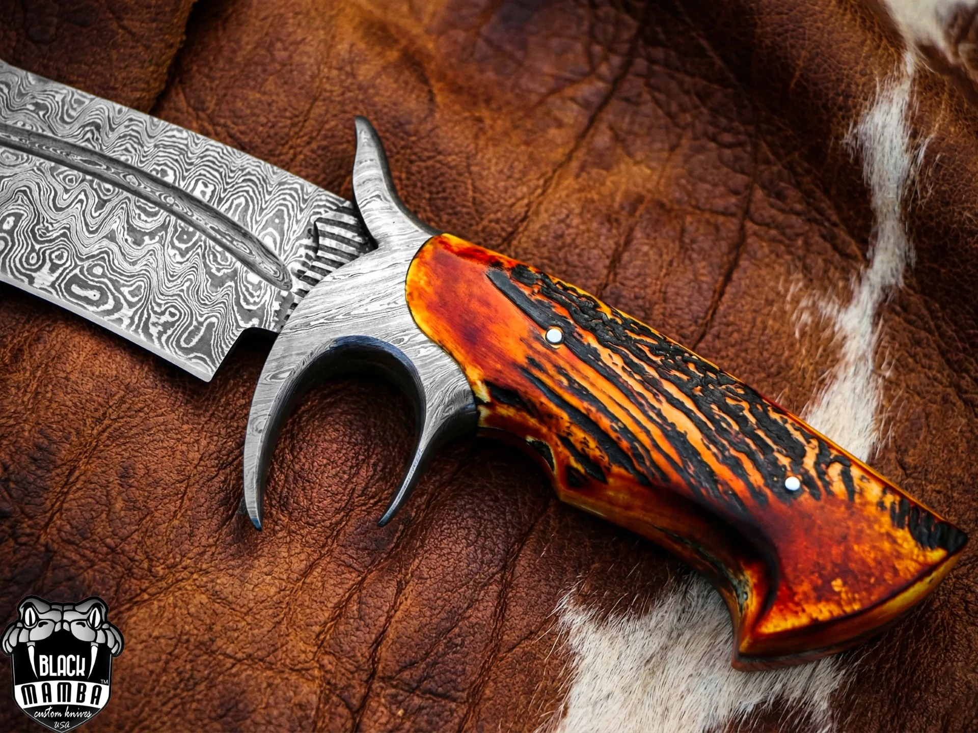 Red Dragon – Damascus Bowie Knife, 17.5″ Overall, Stag Handle - view 6