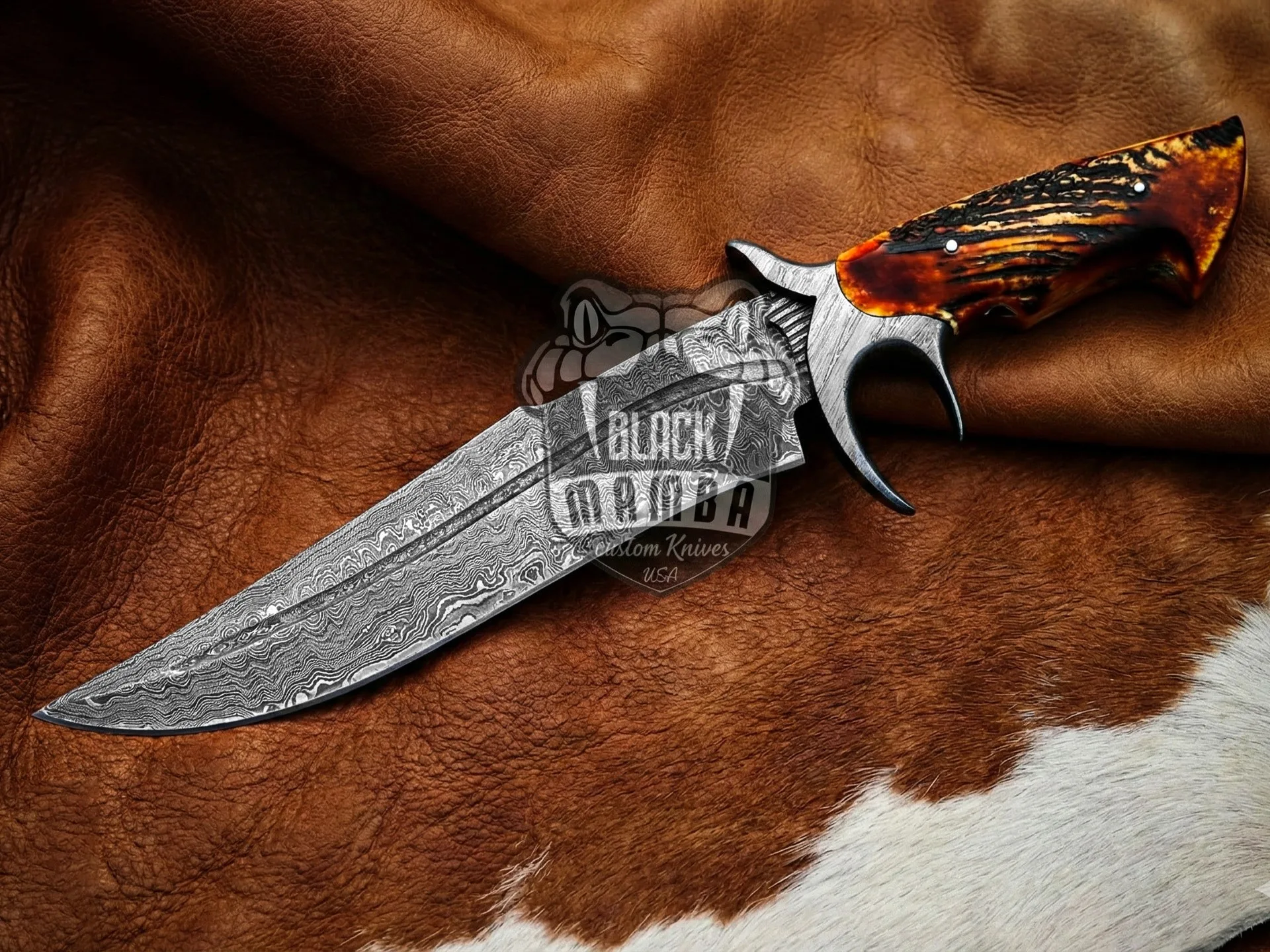 Red Dragon – Damascus Bowie Knife, 17.5″ Overall, Stag Handle