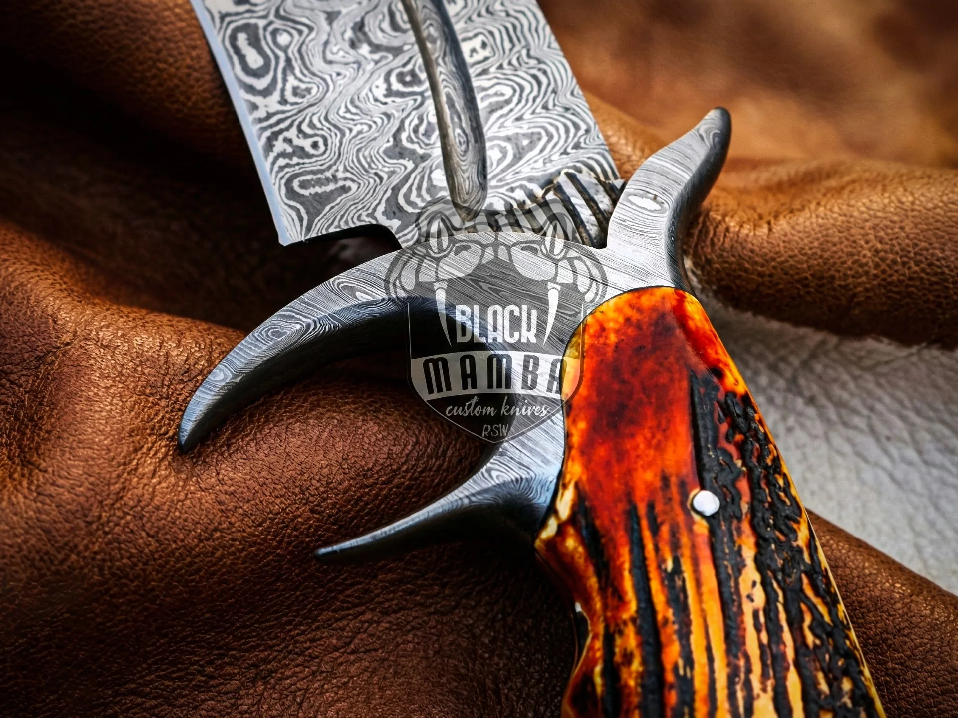 Red Dragon – Damascus Bowie Knife, 17.5″ Overall, Stag Handle - view 8