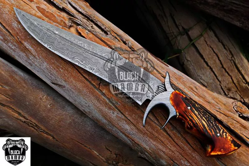 BMK-1005-LQ RED DRAGON SLAYER Knife 17.5″ Long 11″Blade ” 16oz Damascus Fixed Blade Hunting knife Damascus Steel Bowie Knife Black mamba Hand Made World Class knives USA Made