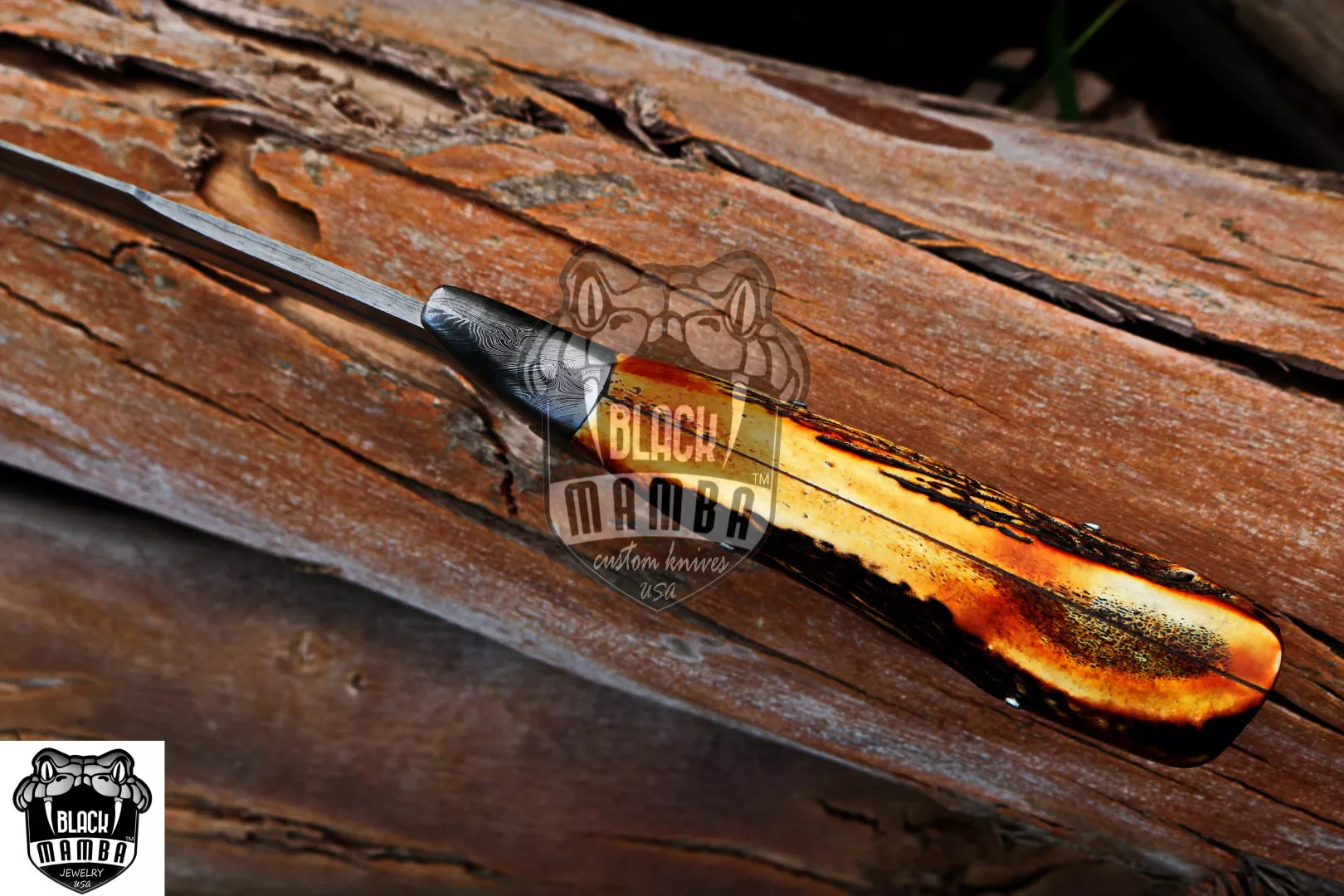 Red Dragon – Damascus Bowie Knife, 17.5″ Overall, Stag Handle - view 2