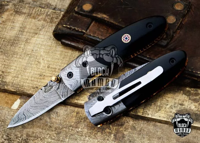 BMK-401 Pandinus 6″ Long 2.5″Blade” 5oz Damascus Pocket clip knives Handmade Damascus Pocket Folding Knife Black mamba Hand Made World Class knives USA Made