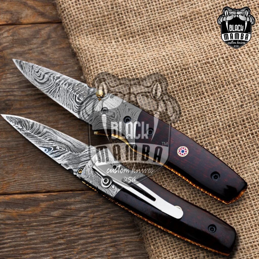 BMK-404 Vulcan 7″ Long 3″Blade” 5.2oz Damascus Pocket Clip Knives Handmade Damascus Pocket Folding Snake wood Knife Hand Made World Class Knives USA Made