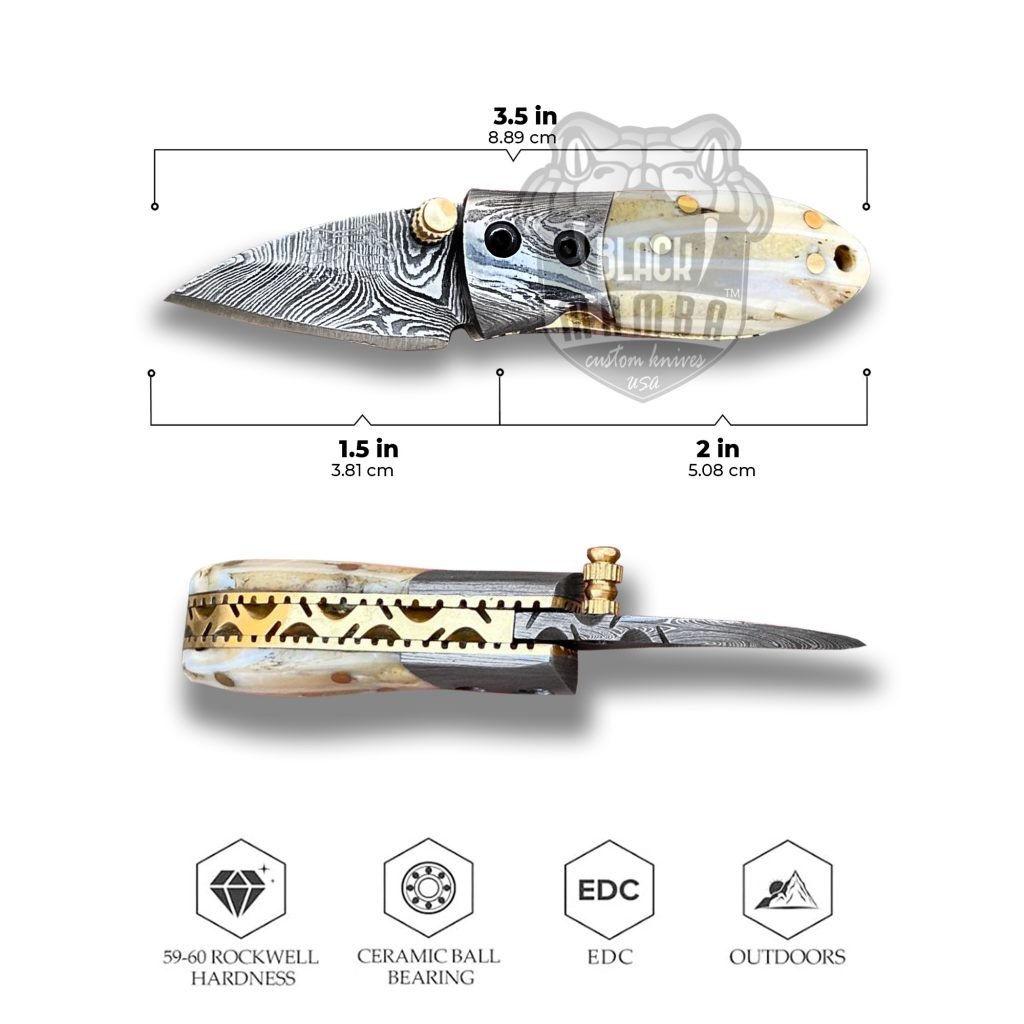 BMK-415 Tsetse Fly 3.5″ Long 1.5″Blade” 2oz Damascus Neck Knives Handmade Damascus Pocket Folding Knife With Mammoth Tooth Handle Black Mamba Hand Made World Class Knives USA Made - Image 6