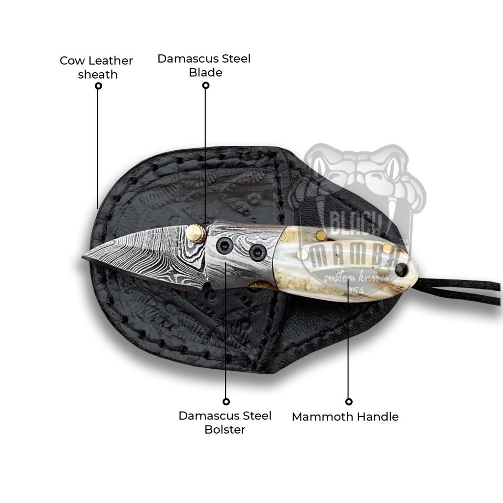 BMK-415 Tsetse Fly 3.5″ Long 1.5″Blade” 2oz Damascus Neck Knives Handmade Damascus Pocket Folding Knife With Mammoth Tooth Handle Black Mamba Hand Made World Class Knives USA Made - Image 4
