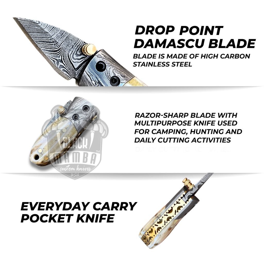 BMK-415 Tsetse Fly 3.5″ Long 1.5″Blade” 2oz Damascus Neck Knives Handmade Damascus Pocket Folding Knife With Mammoth Tooth Handle Black Mamba Hand Made World Class Knives USA Made - Image 5