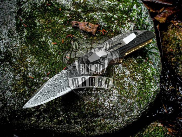 BLACK MAMBA KNIVES BMK-411 Hippopotamus 6.5″ Long 3″Blade” 5oz Damascus Pocket Clip Knives Handmade Damascus Pocket Folding Knife Black Mamba Hand Made Word Class Knives