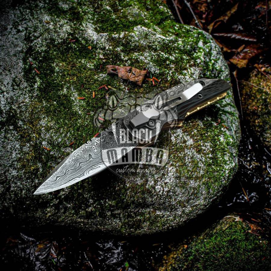 BLACK MAMBA KNIVES BMK-411 Hippopotamus 6.5″ Long 3″Blade” 5oz Damascus Pocket Clip Knives Handmade Damascus Pocket Folding Knife Black Mamba Hand Made Word Class Knives