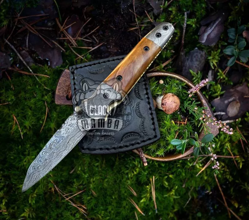BMK- 416 Dugite 7.2″ Long 3.2″Blade” 5oz Damascus Pocket Knife Handmade Damascus Pocket Folding Knife Black Mamba Hand Made World Class Knives