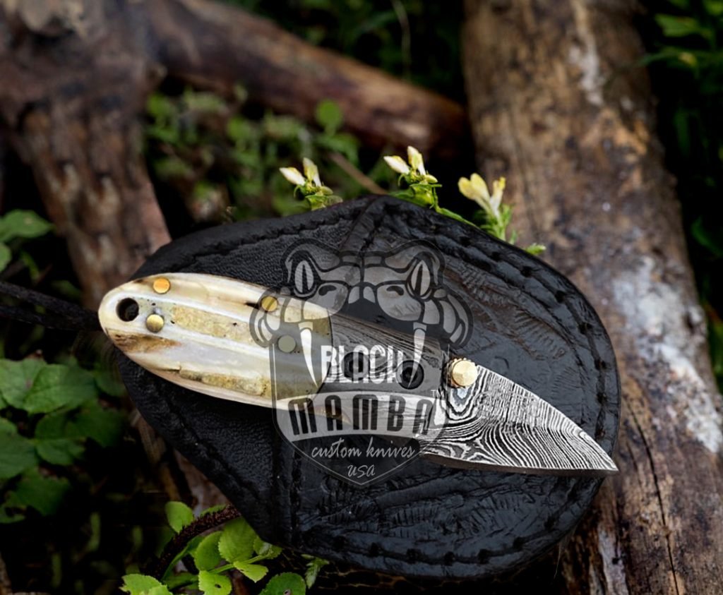 BMK-415 Tsetse Fly 3.5″ Long 1.5″Blade” 2oz Damascus Neck Knives Handmade Damascus Pocket Folding Knife With Mammoth Tooth Handle Black Mamba Hand Made World Class Knives USA Made - Image 2